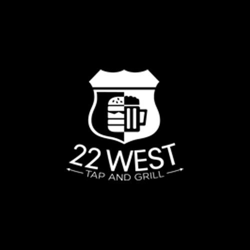 Logo for 22 West Tap and Grill, black and white: shield shape with burger and beer icon; text below.
