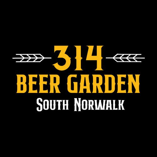 Logo for 314 Beer Garden in South Norwalk; black background, yellow and white text and wheat graphic.