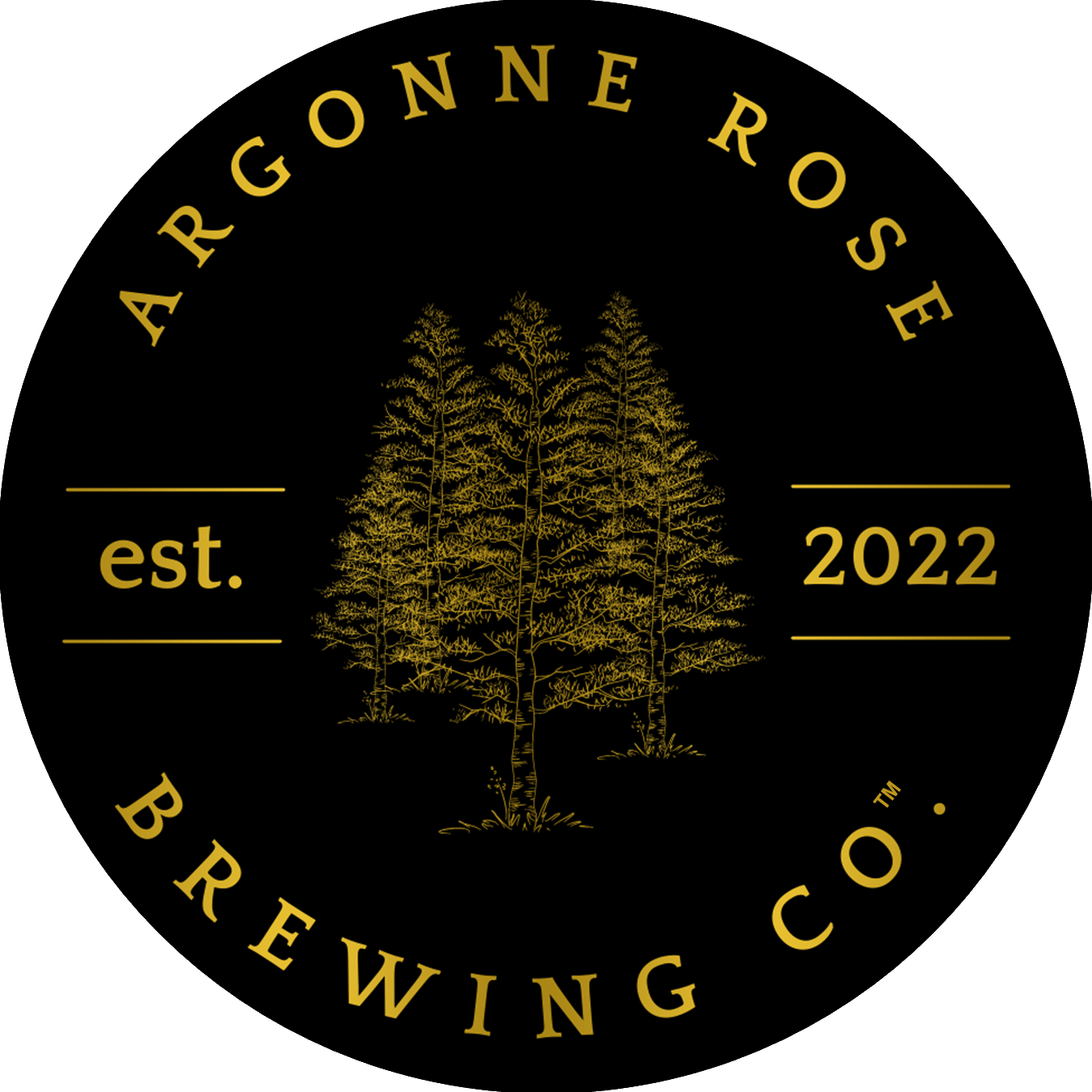 Black and gold Argonne Rose Brewing Co. logo with trees and the year 2022.