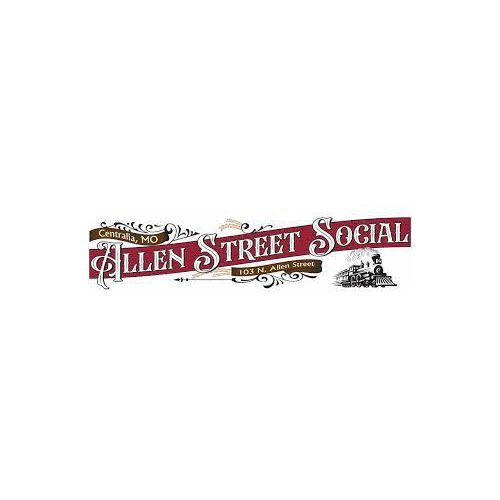 Logo for Allen Street Social with burgundy lettering and a train illustration.