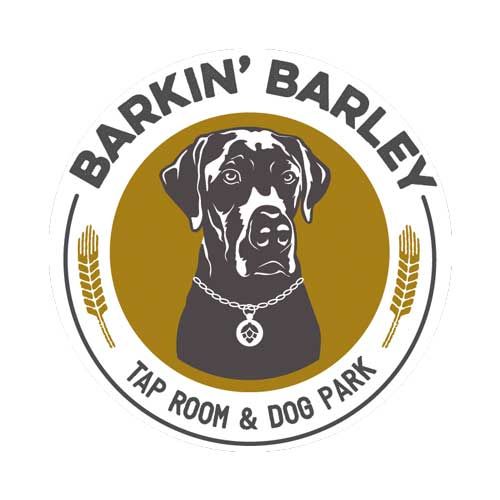 Logo for Barkin' Barley, taproom and dog park, featuring a dog silhouette in a circle with text and wheat stalks.