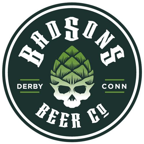 Logo for Bad Sons Beer Co. featuring a hop cone over a skull, Derby, Conn. in dark green and white.