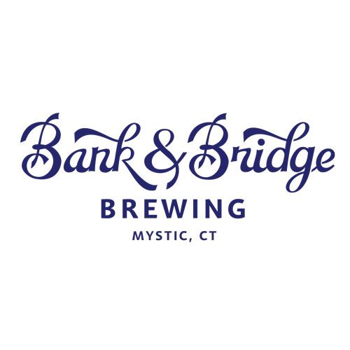 Bank & Bridge Brewing logo in dark blue script. The brewery is located in Mystic, CT.