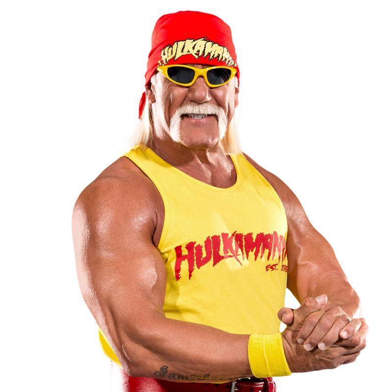 Hulk Hogan in yellow tank top and red bandana, posing with sunglasses and arms flexed.
