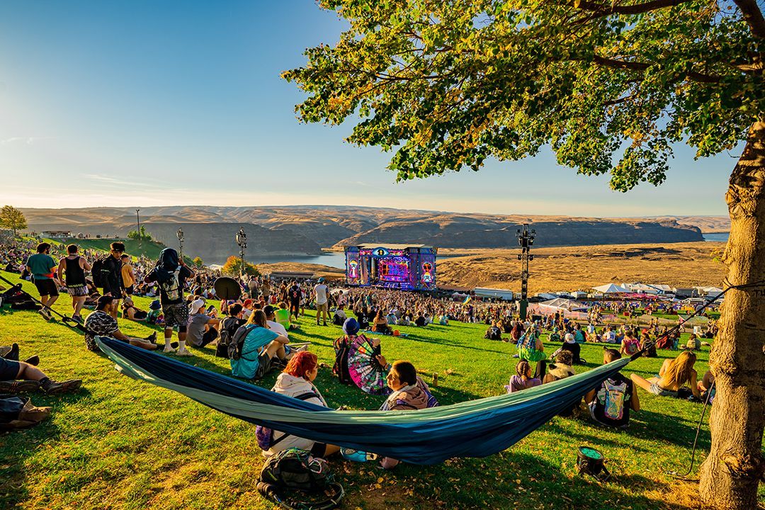 A group of people are sitting in a hammock at a music festival.