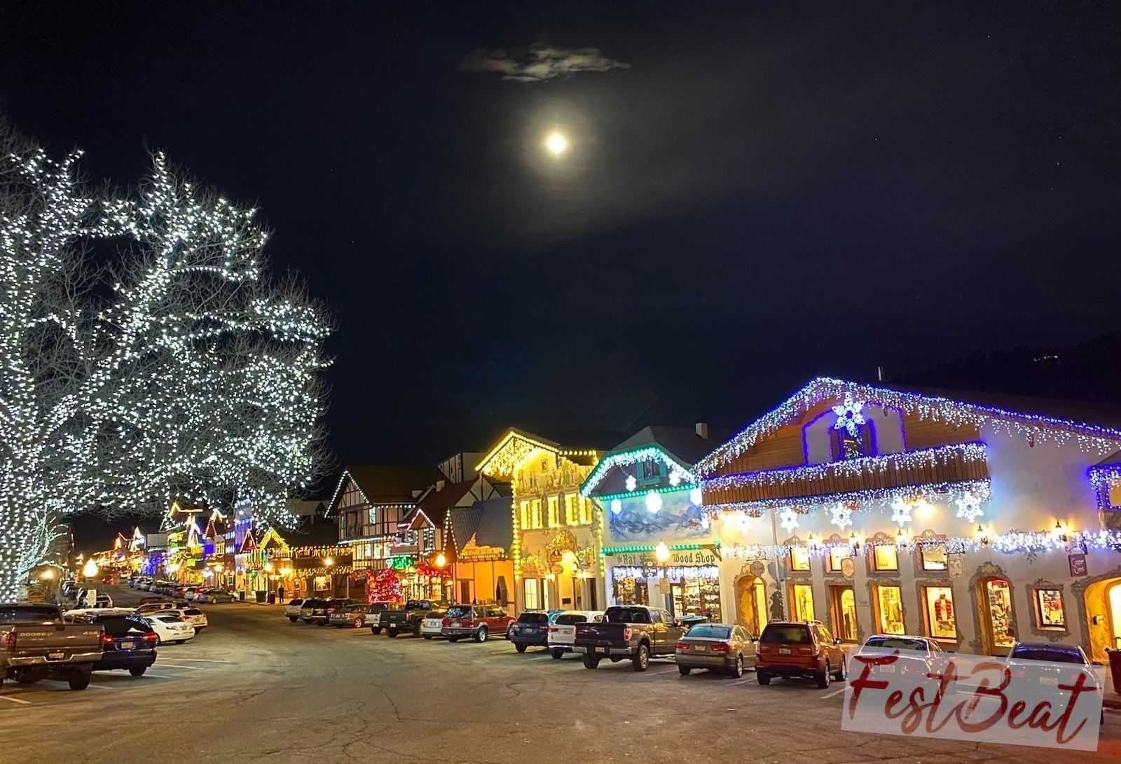 A row of buildings are decorated with christmas lights at night.