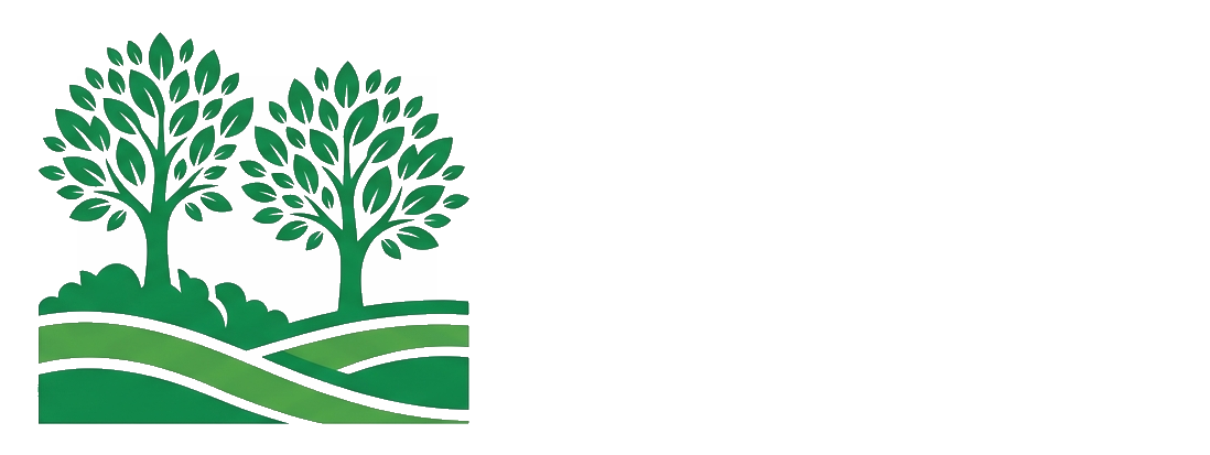 Green logo of two trees above rolling fields and hills