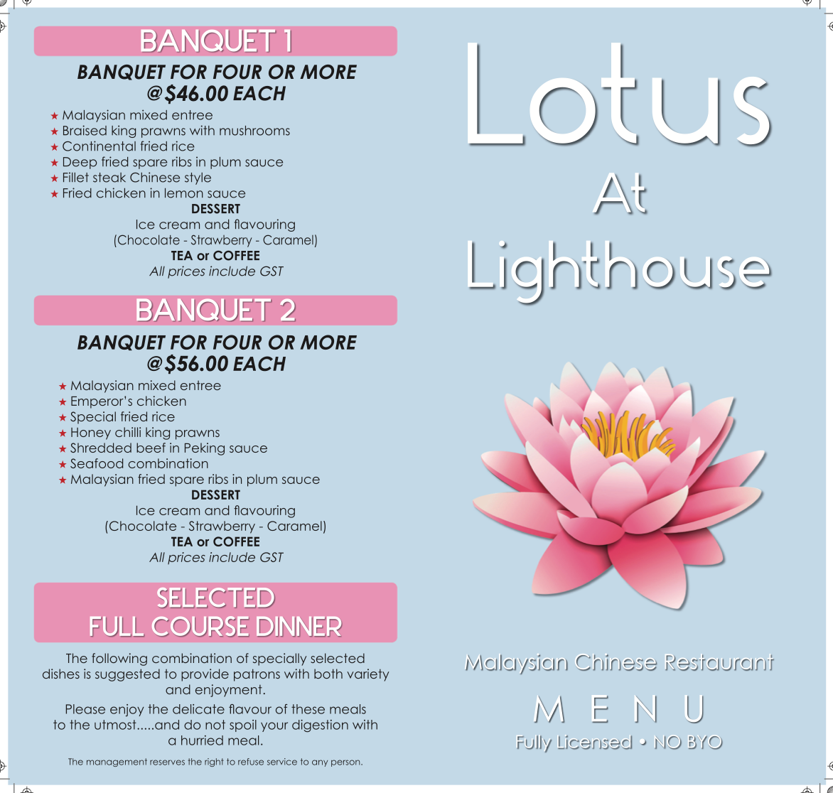In House Menu 2022 — Lotus at Lighthouse In Port Macquarie NSW