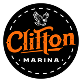 Clifton Marina logo on a black circle with orange text and a white eagle above