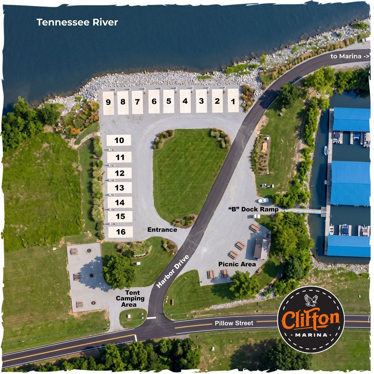 Aerial map of Clifton Marina with numbered docks, Tennessee River, and access roads.