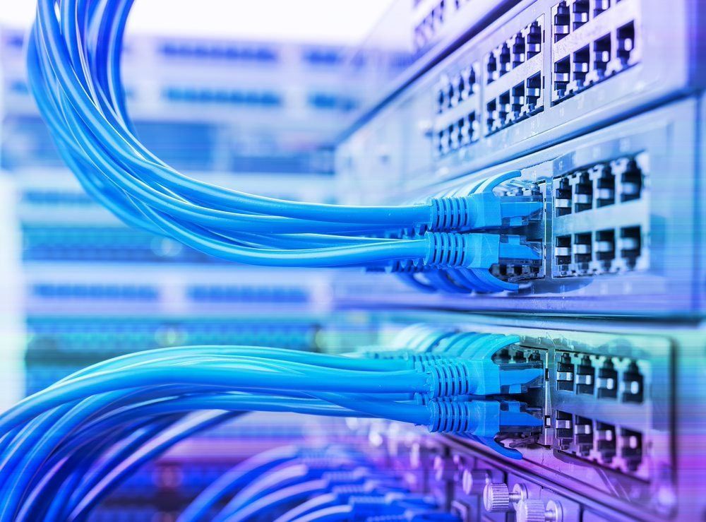 Blue Network Cables Plugged Into Network Switches in a Server Room — Jendata In Annandale, QLD