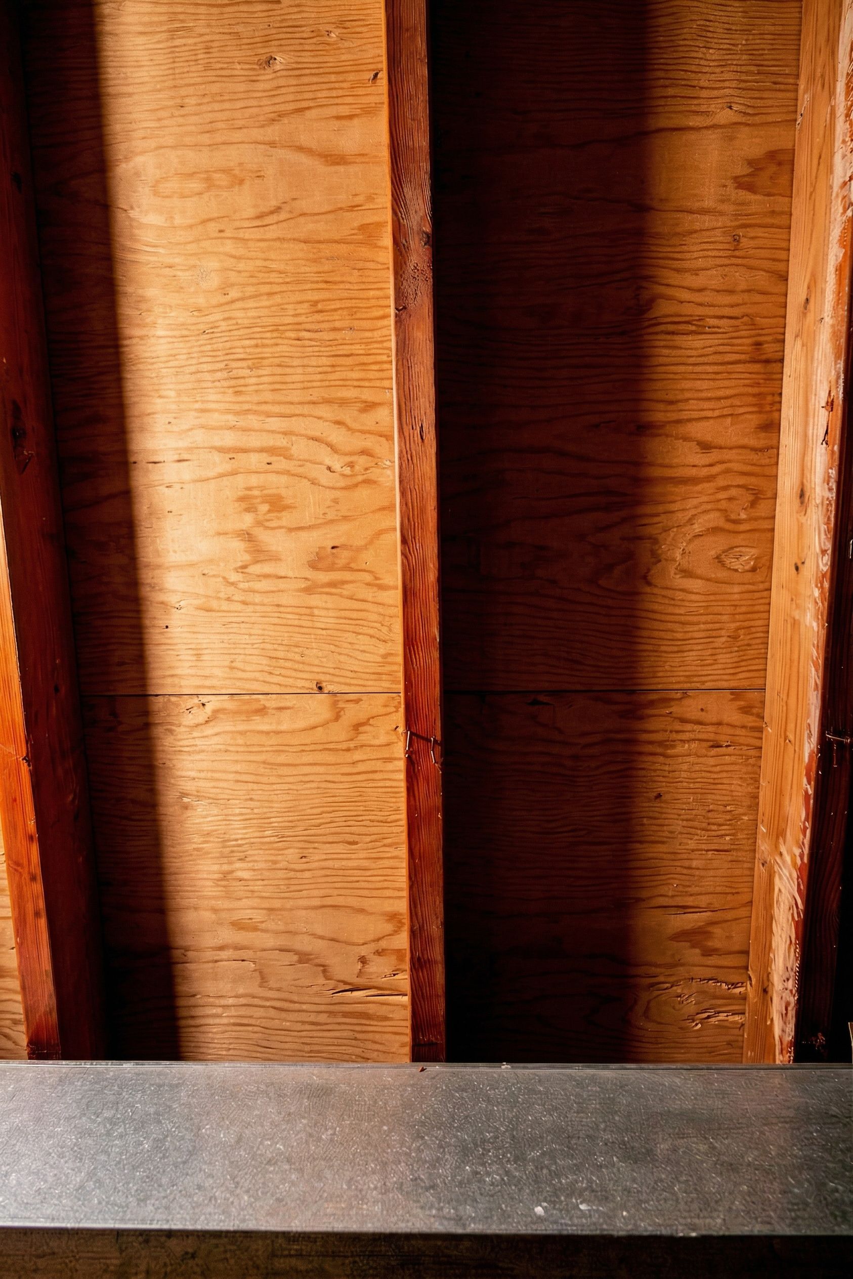 Close-up of exposed wooden beams and a gray ledge in an unfinished interior wall.
