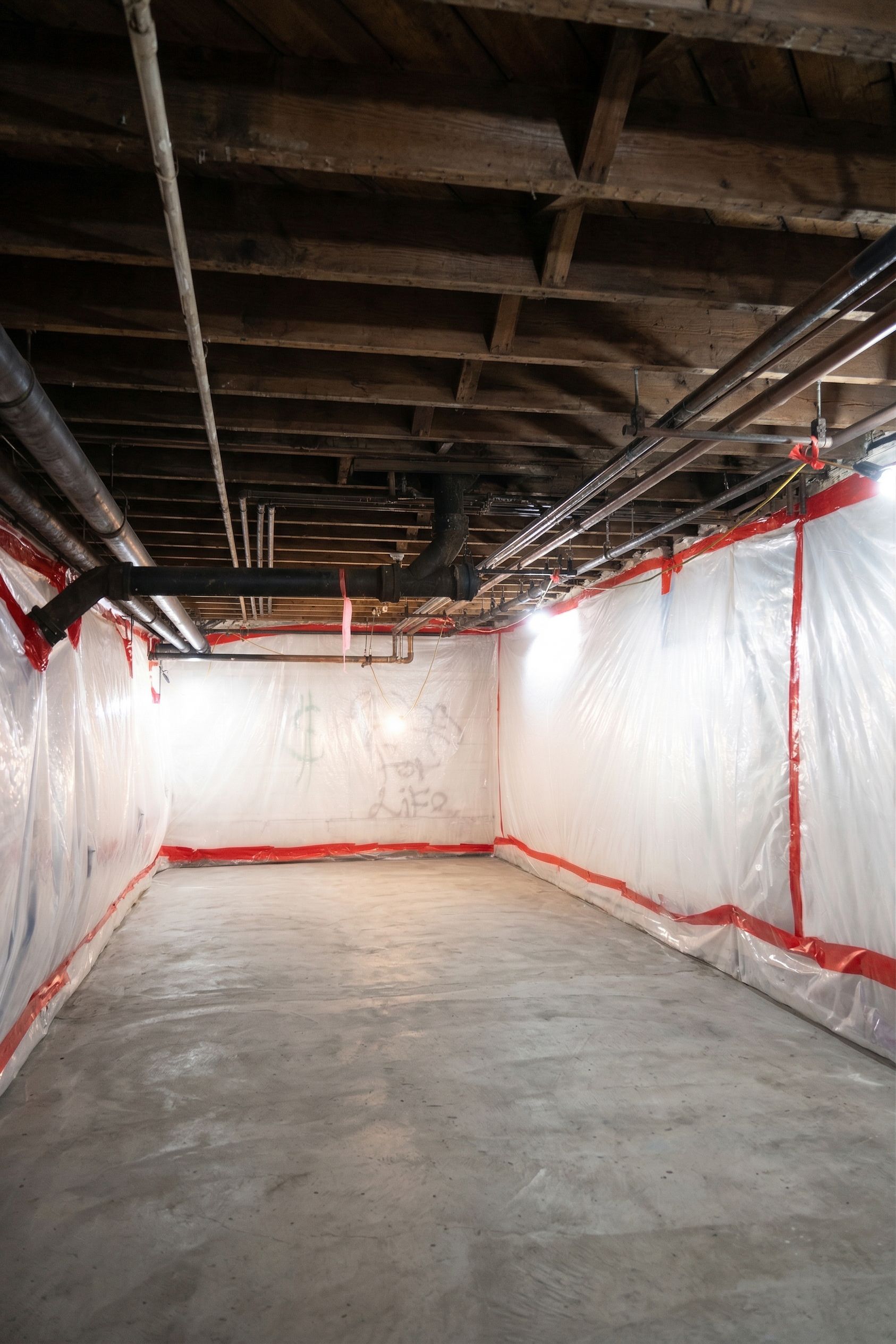 Basement room under renovation with exposed ceiling joists, plastic-covered walls, and a concrete floor
