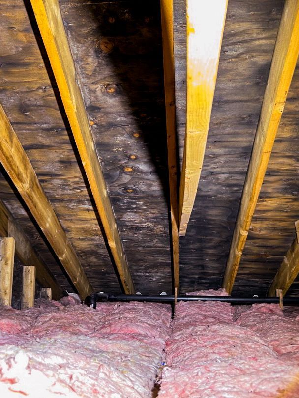 Exposed attic ceiling with yellow beams, dark wood joists, and pink insulation batts below