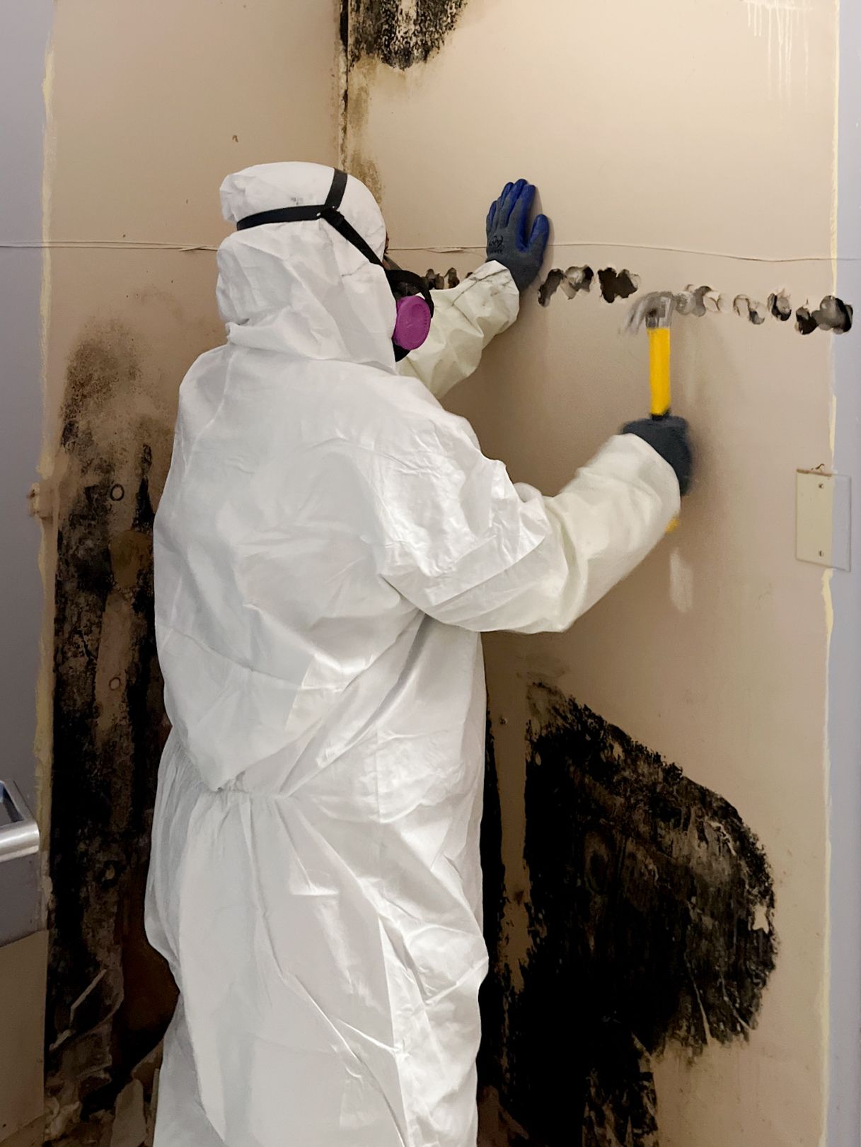 Worker in white protective suit scraping mold from a damaged wall with tools