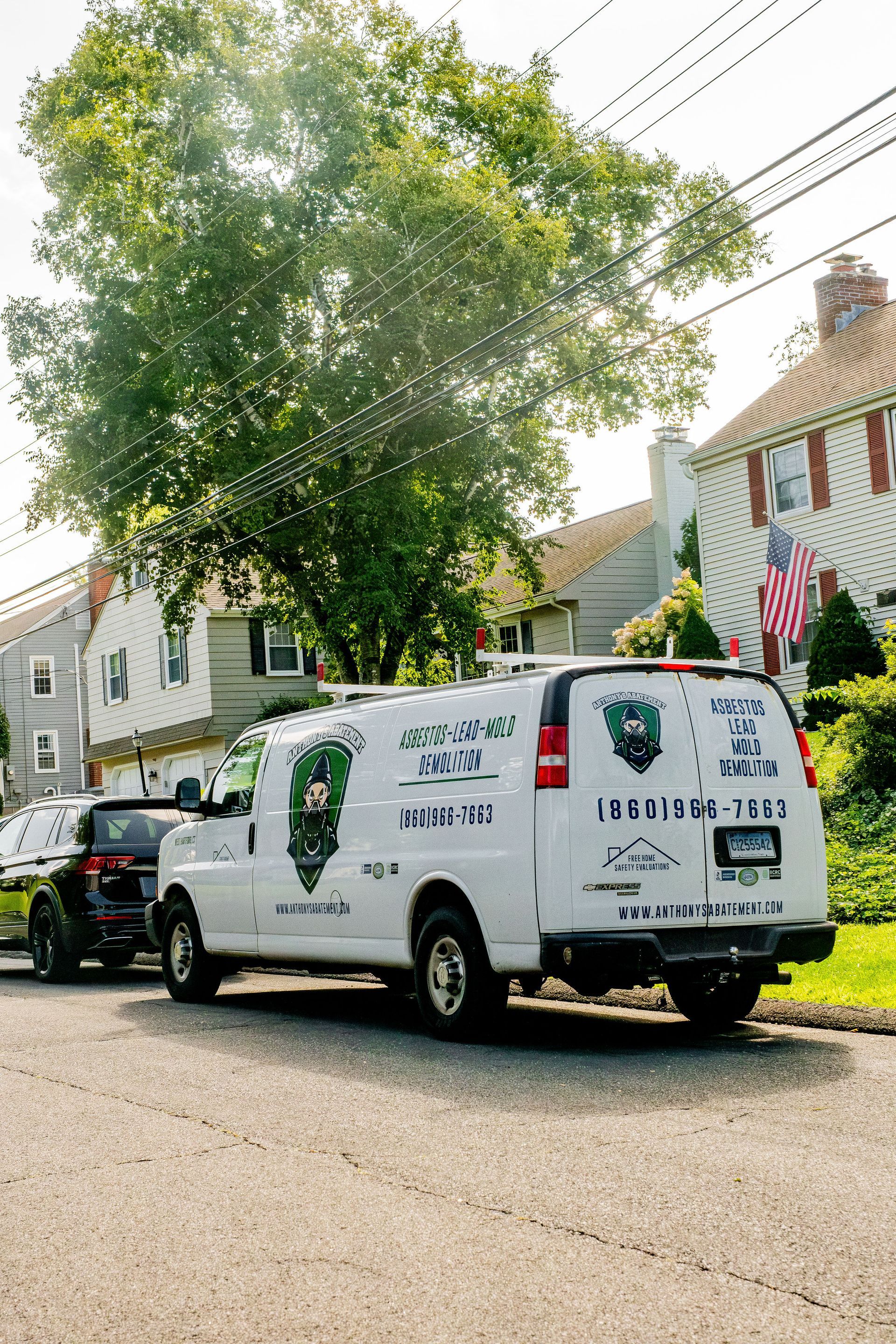 White utility van parked on a suburban street beside a large tree and houses with flags.