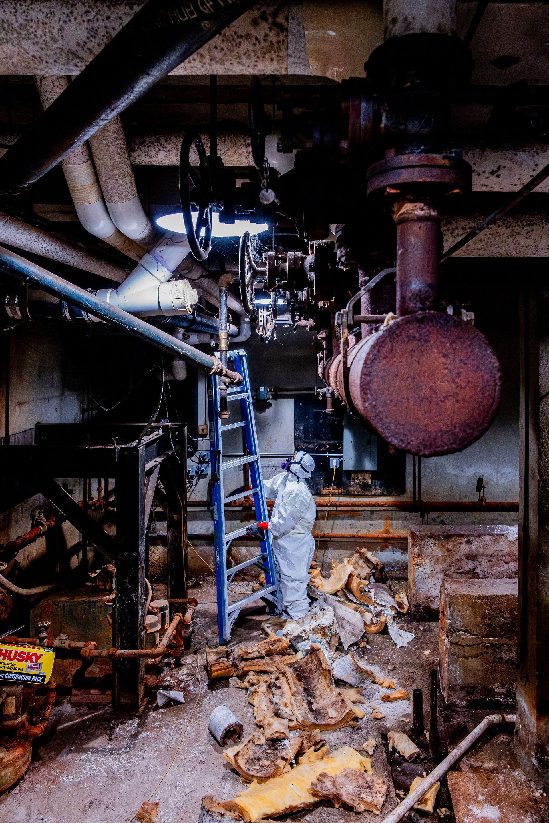 Worker on a ladder inspecting pipes and machinery in a dim industrial basement.