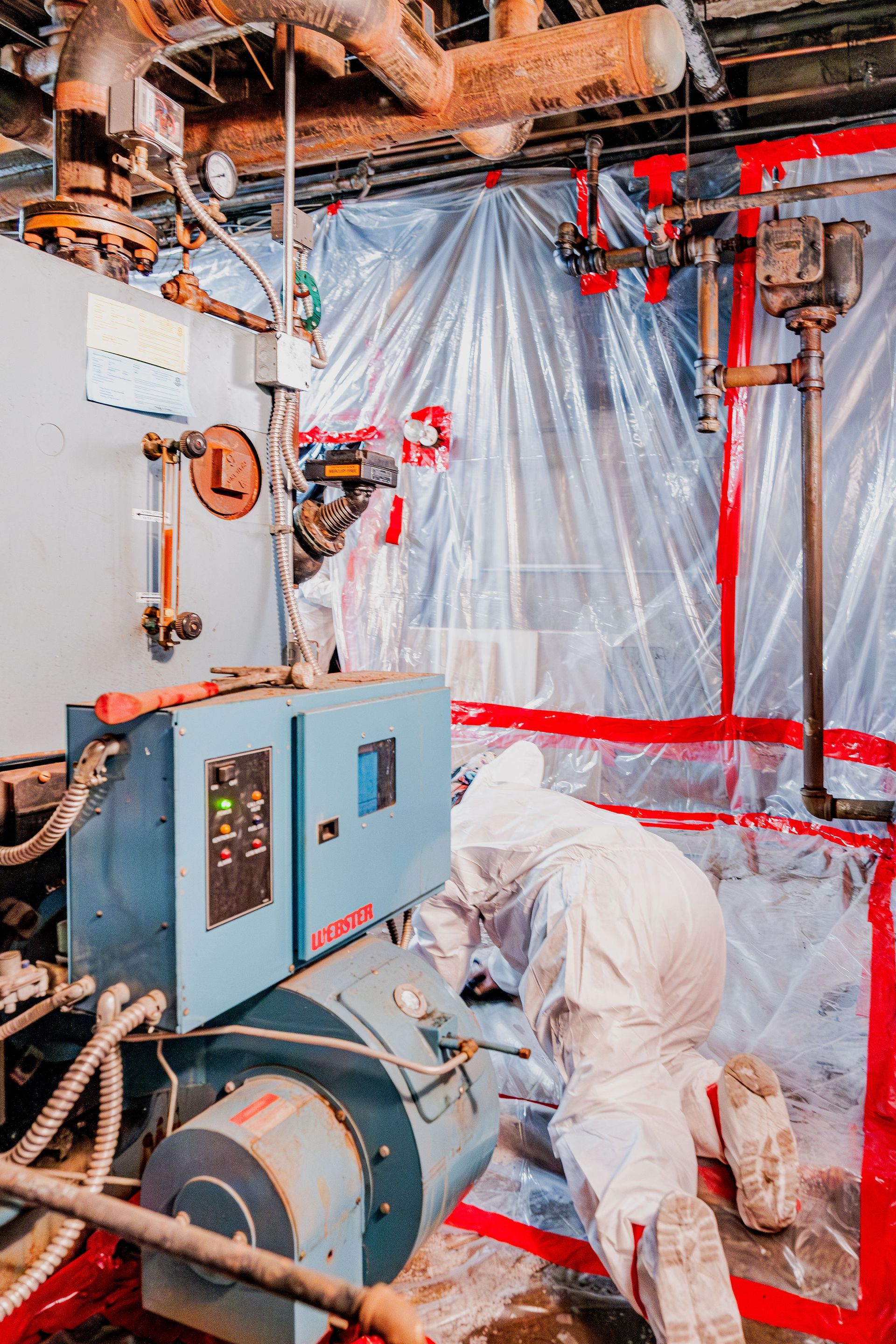 Worker in white protective suit inspecting industrial machinery behind plastic sheeting.