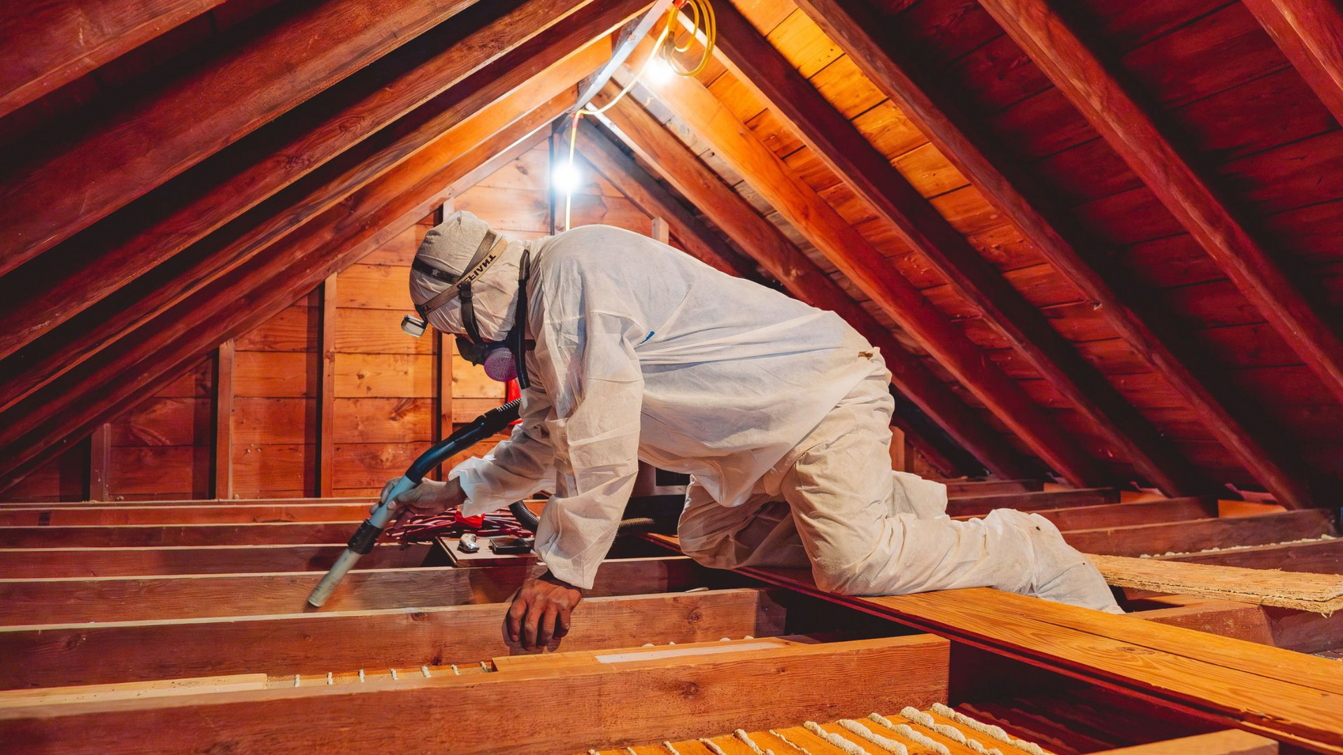 Person in protective suit working in an attic, blowing insulation. Brown wood, bright light.