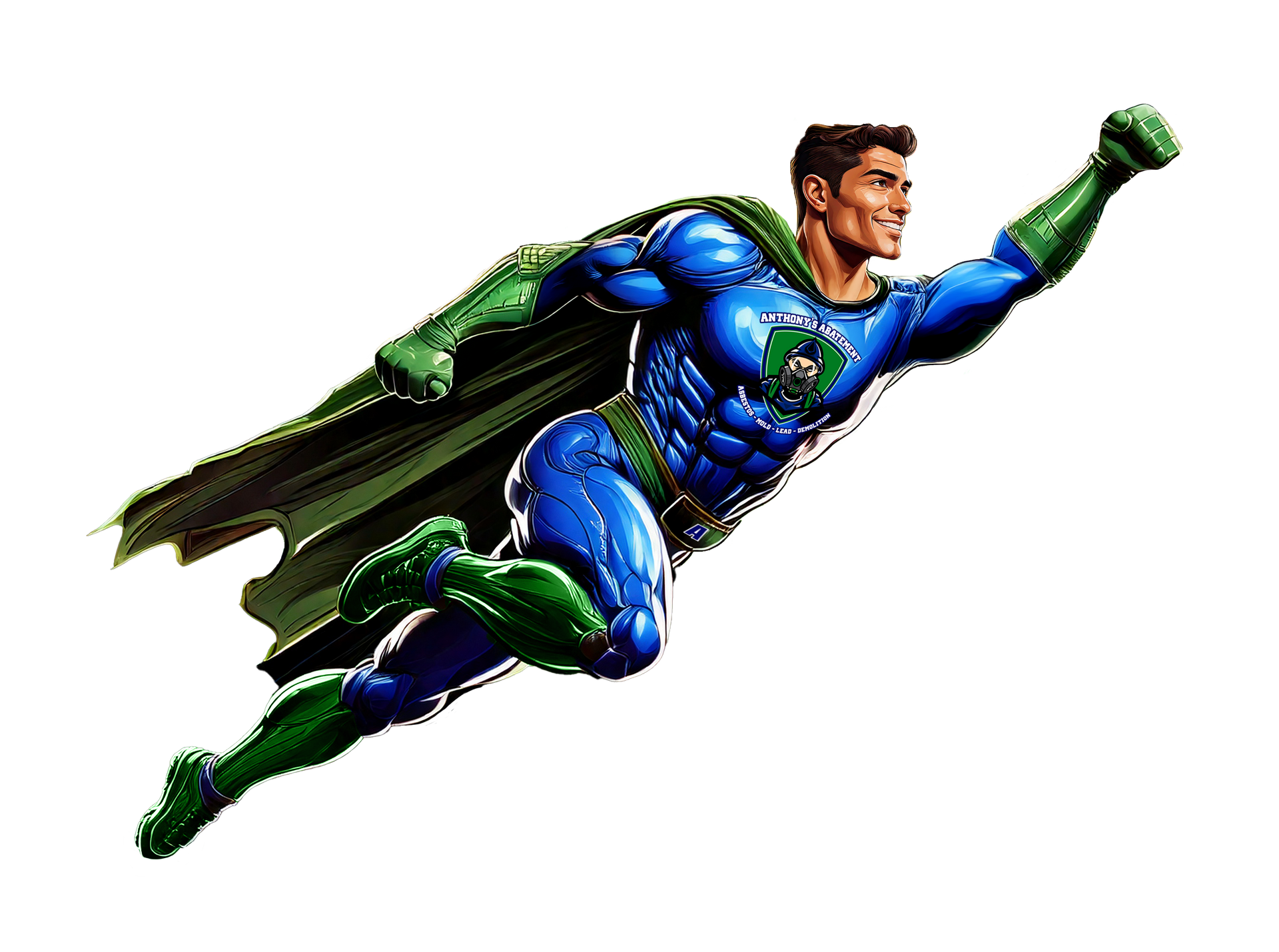 Superhero in blue and green suit flying with one arm raised on a white background