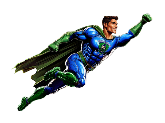 Superhero in blue and green suit flying with one arm raised on a white background