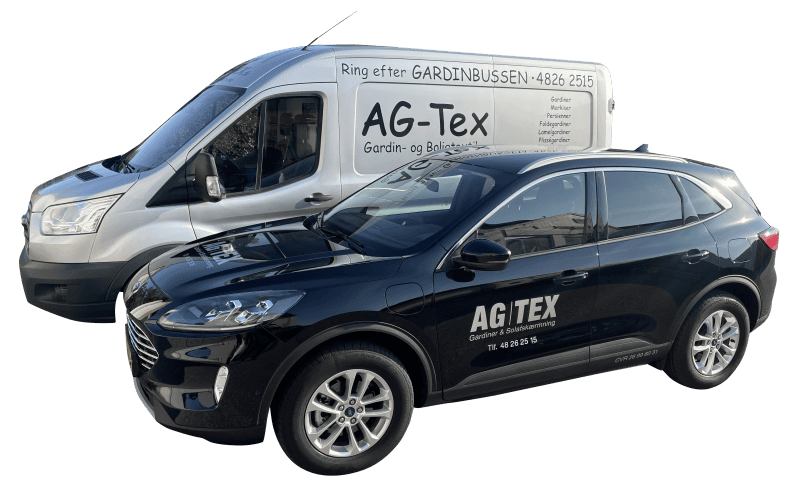 Sort AG-Tex SUV og hvid AG-Tex varevogn på en hvid baggrund.