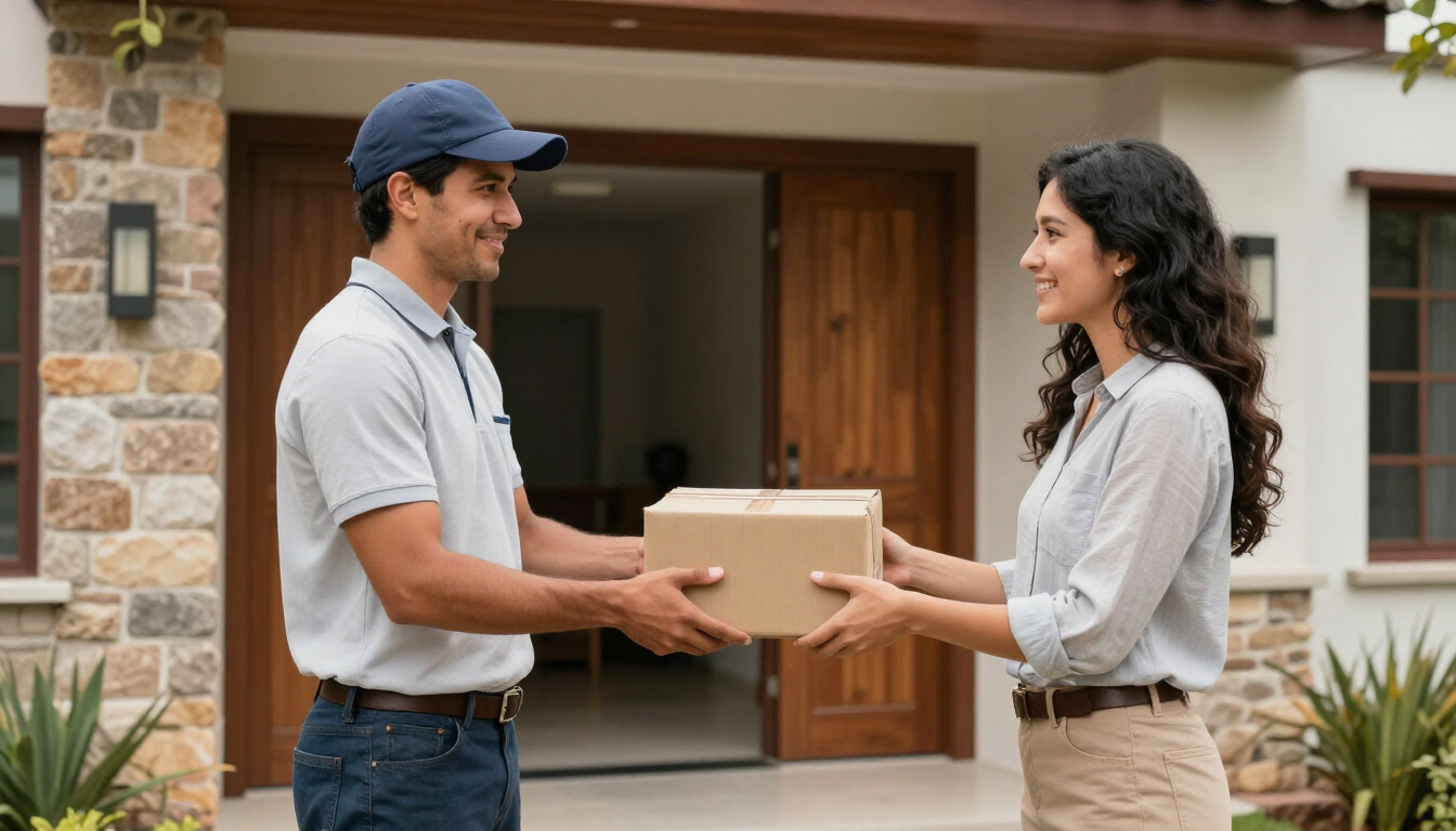 Servicio courier entregando un paquete a domicilio en Perú