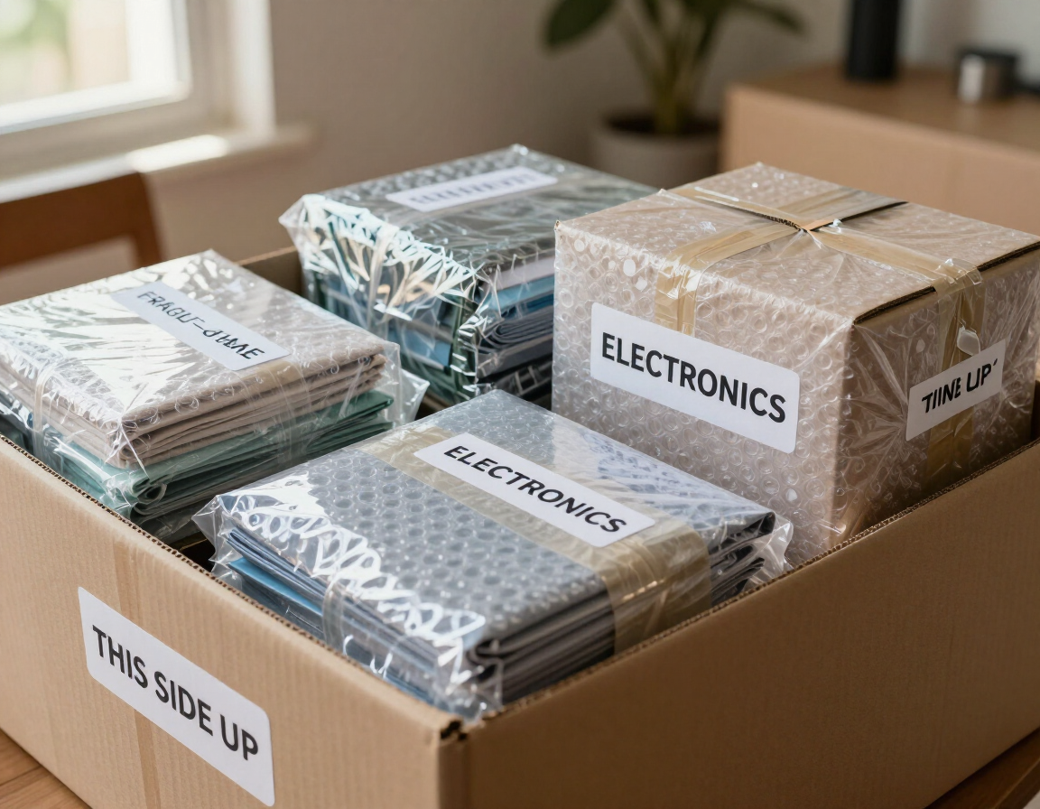 Cajas etiquetadas y objetos protegidos para una mudanza