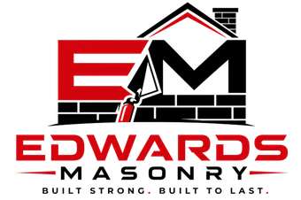 Edwards Masonry logo with red and black brick-style lettering and a trowel icon; &ldquo;Built strong. Built to last.&rdquo;