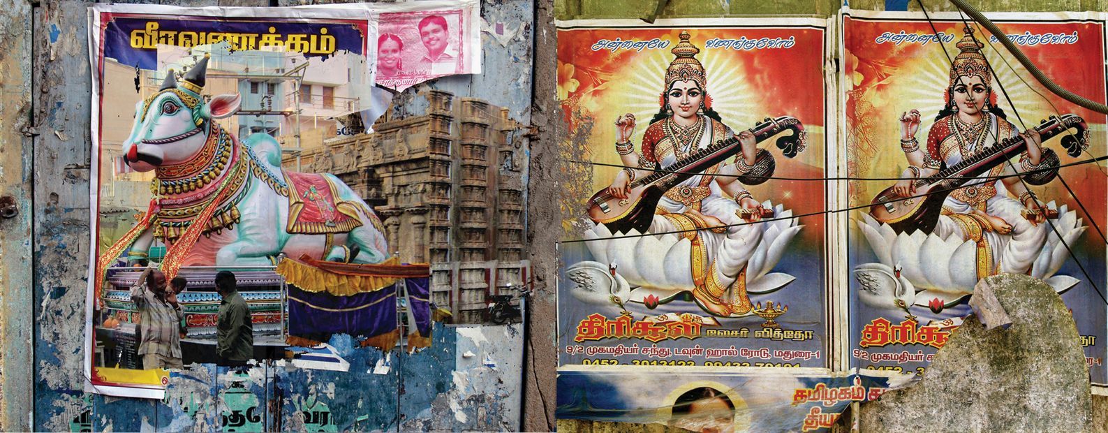 Posters van hindoeïstische godinnen: een stier en Saraswati, op afbladderende, verweerde oppervlakken.