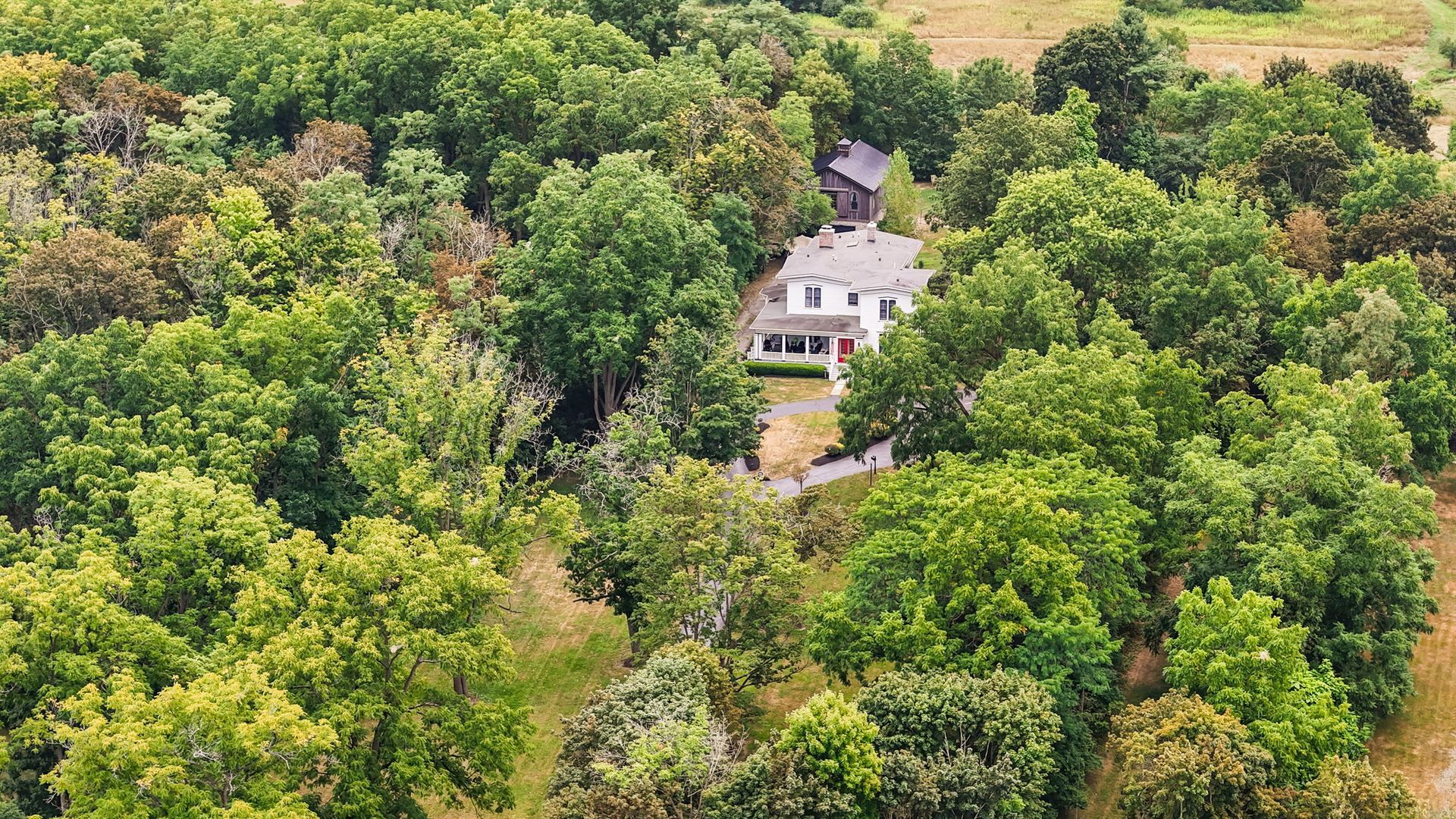 A white house nestled among dense green trees, seen from above in a wooded landscape.