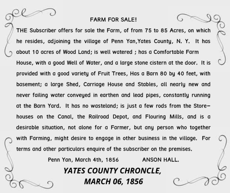 Vintage black-and-white farm sale advertisement for Yates County, New York, dated March 6, 1856.