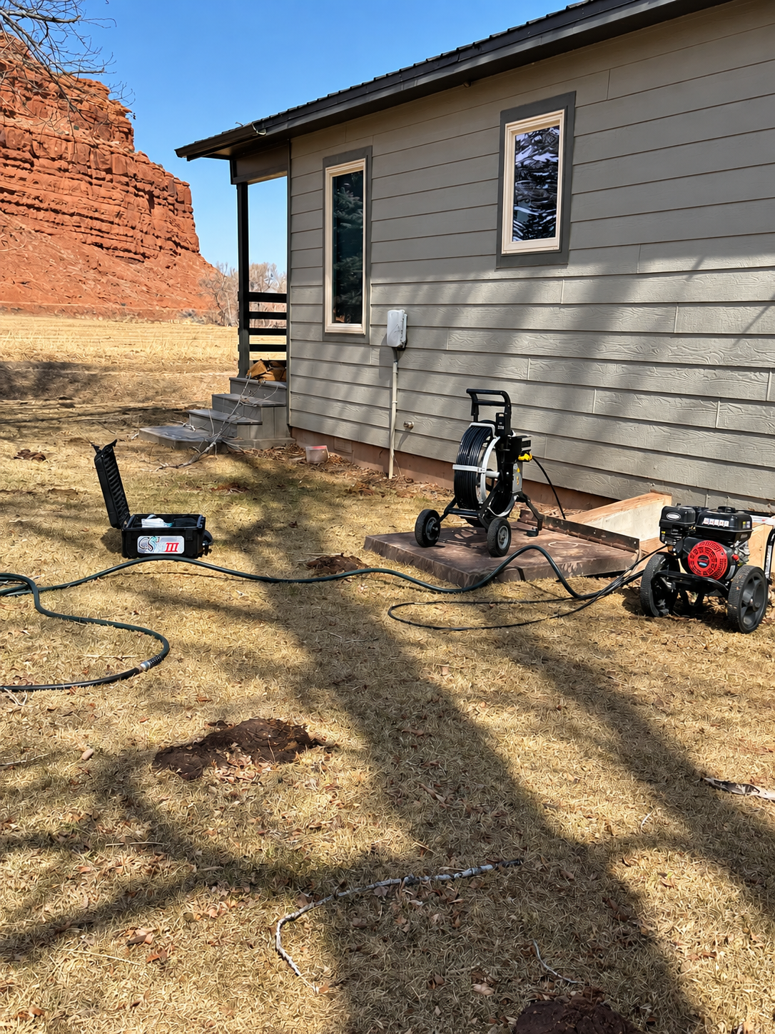 Two lawn tools on a patchy yard beside a house, with a brick building in the background