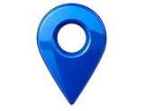 A glossy, blue 3D location pin icon on a white background.