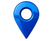 A glossy, blue 3D location pin icon on a white background.