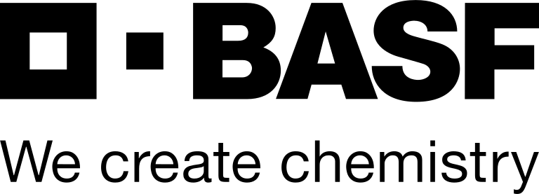 Het logo van Basf is zwart-wit en zegt: wij creëren chemie.