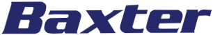 Een blauw en wit logo voor baxter op een witte achtergrond