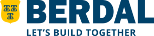 Een blauw en geel logo voor berdal dat zegt laten we samen bouwen
