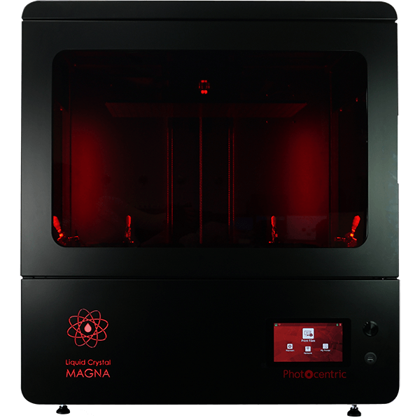 Een zwarte 3D-printer waar rood licht uit komt.