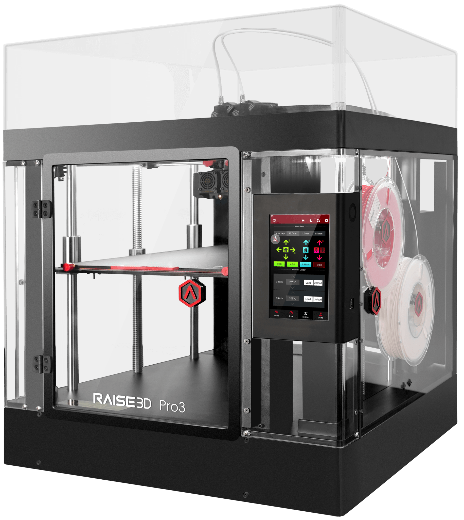 Een 3D-printer zit in een doorzichtige behuizing.