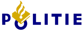 Een blauw en geel logo voor politie met een vlam