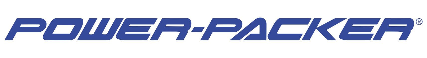 Een blauw power packer-logo op een witte achtergrond