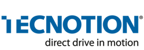 Een blauw en wit logo voor tecnotion direct drive in motion