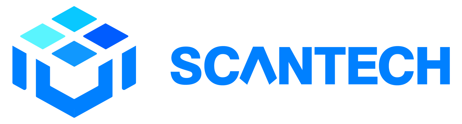 Het logo van Scantech is blauw en wit en lijkt op een kubus.
