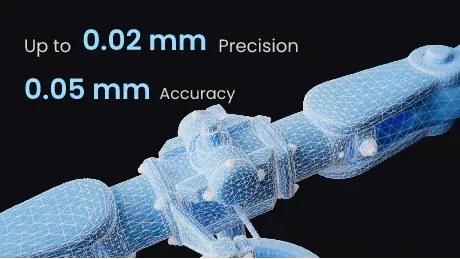 Een tekening van een robotarm met de woorden tot 0,02 mm precisie 0,05 mm nauwkeurigheid