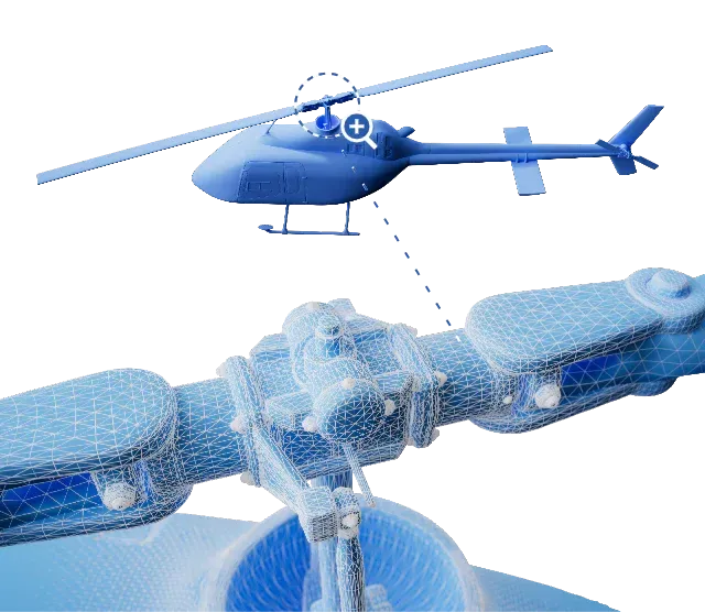 Een blauwe helikopter vliegt over een robotarm