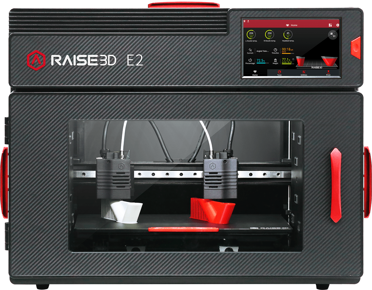 Een zwarte raise 3d e2 printer met een rode hendel