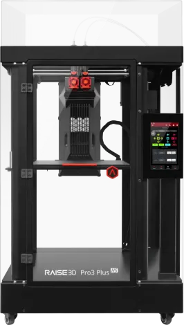 Een zwarte 3D-printer staat op een witte tafel.
