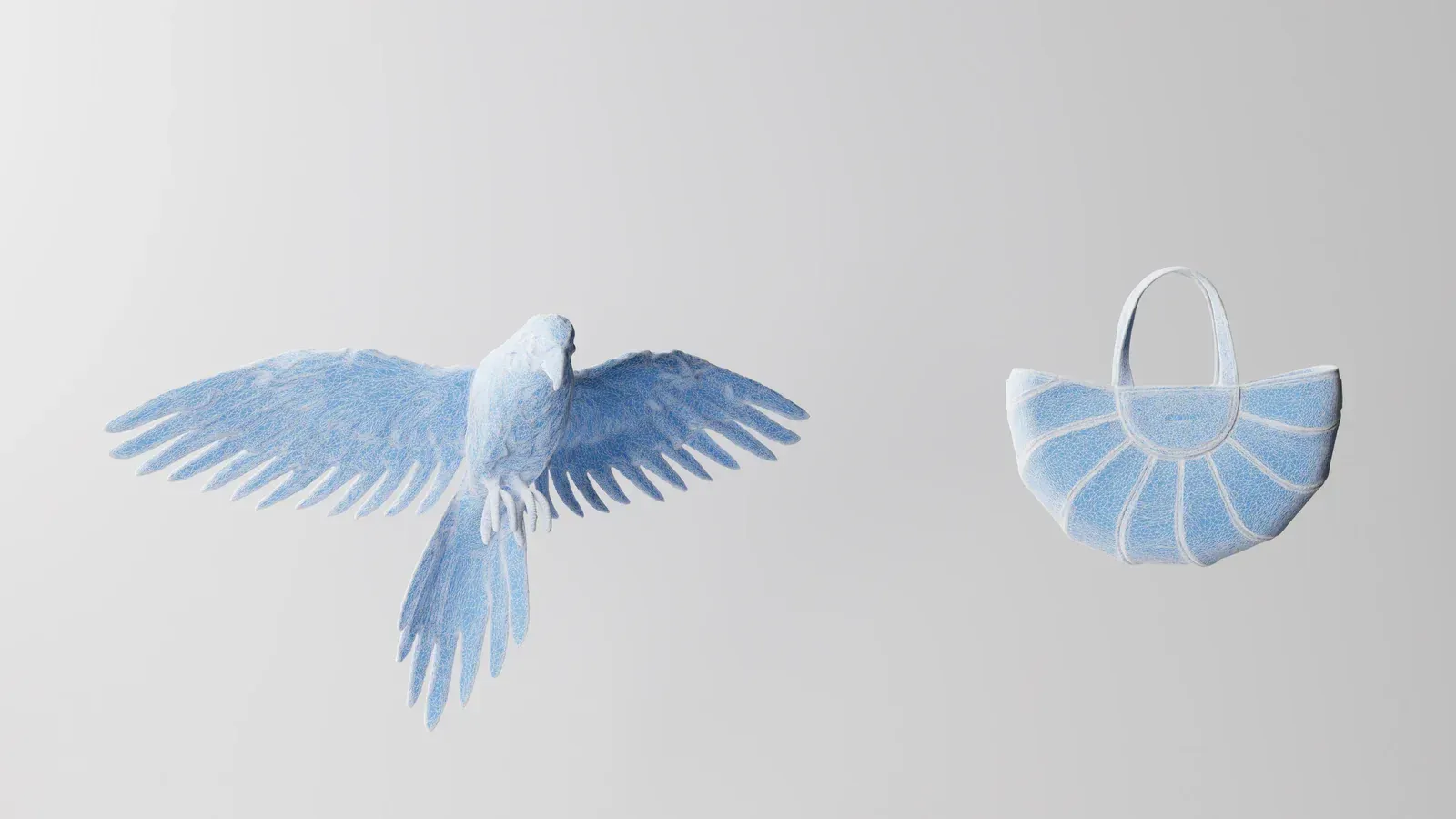 Een blauwe vogel vliegt naast een blauwe tas op een witte achtergrond.