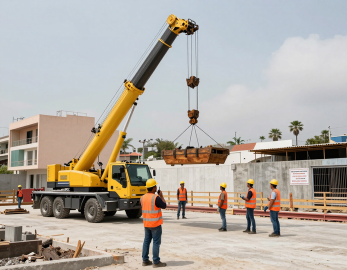 Grúa hidráulica en operación segura en una obra urbana de Cali.